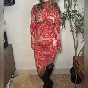 Red mesh rose floral long sleeve mock neck midi dress see through knee length S